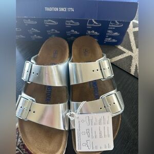 Birkenstock  Metallic Silver Sandals Arizona Soft Footbed Slide Sandal